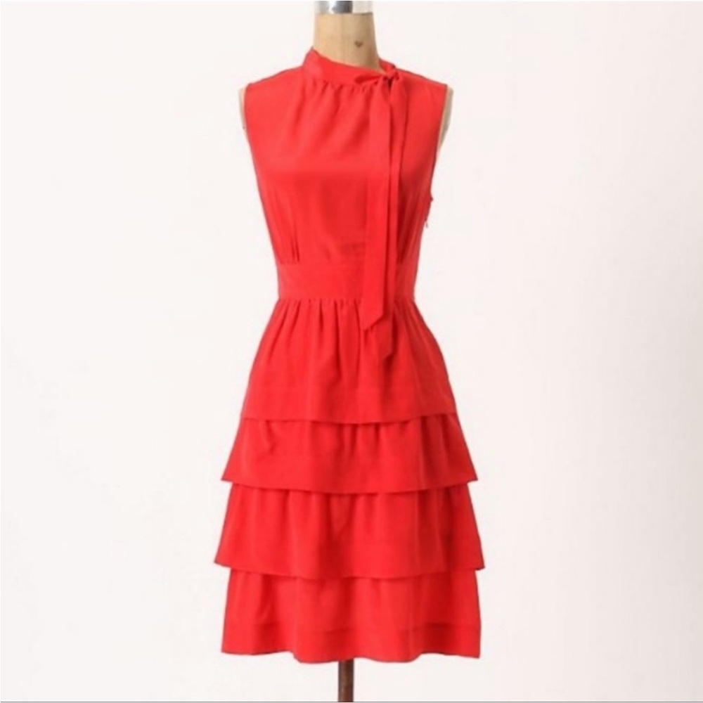 Anthropologie Girls From Savoy Red 100% Silk Tiered Ruffle Party Cocktail Dress - Picture 2 of 16
